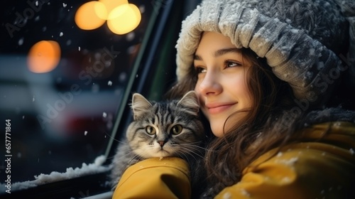 Christmas Eve Friendship: Girl, Pet, and Snowy Window Bliss