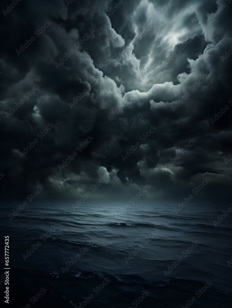 Big storm in the sky over the sea, sky background with cumulonimbus clouds, lightning and rain, bad weather, hurricane, sky with grey clouds, dark clouds