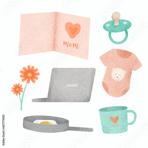 Set of beautiful separate parts of clothes, baby items and toy in water colors