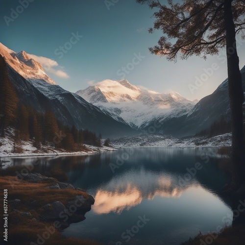 Majestic Beauty: Serene Lake Nestled Amongst Snow-Capped Mountains