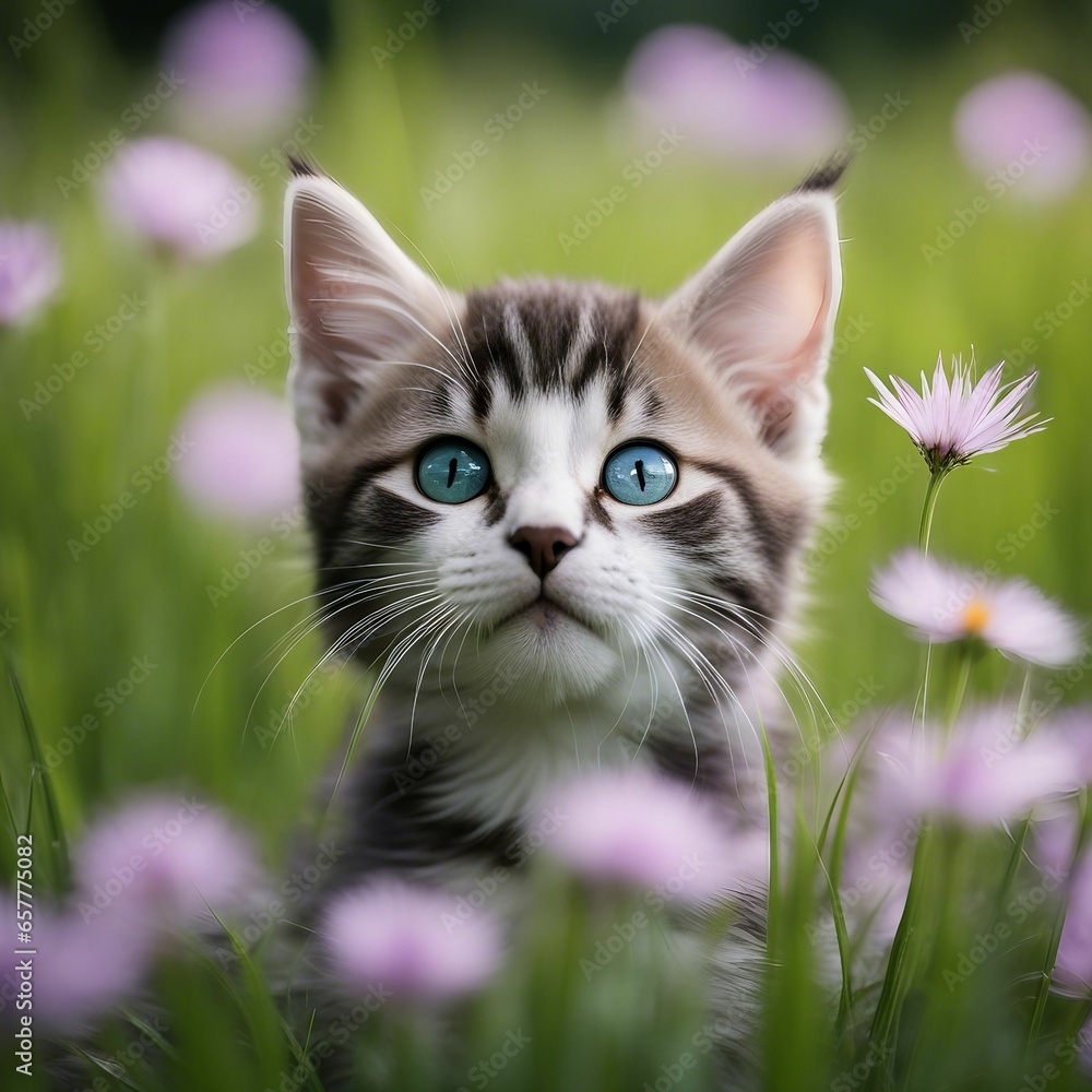 Innocent and Playful: Adorable Kitten with Mesmerizing Blue Eyes Enjoying the Serenity of Green Grass