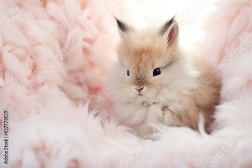 Adorable brown baby rabbit sitting in pink fur. Home pet concept