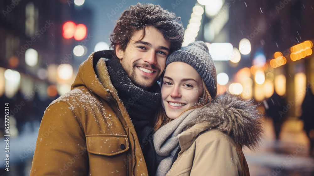 雪降る冬の街角で笑顔のカップル  Smiling Couple in snowing city - obrazy, fototapety, plakaty 