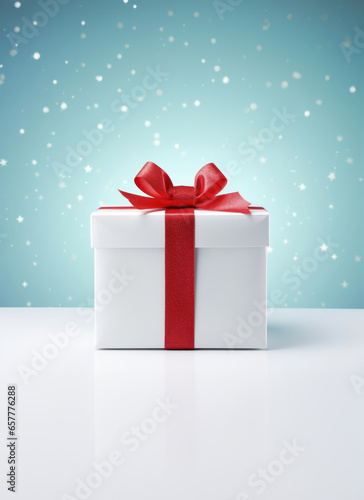 White box tied with red ribbon. Holiday gift. Blue background with falling snow. © solidmaks