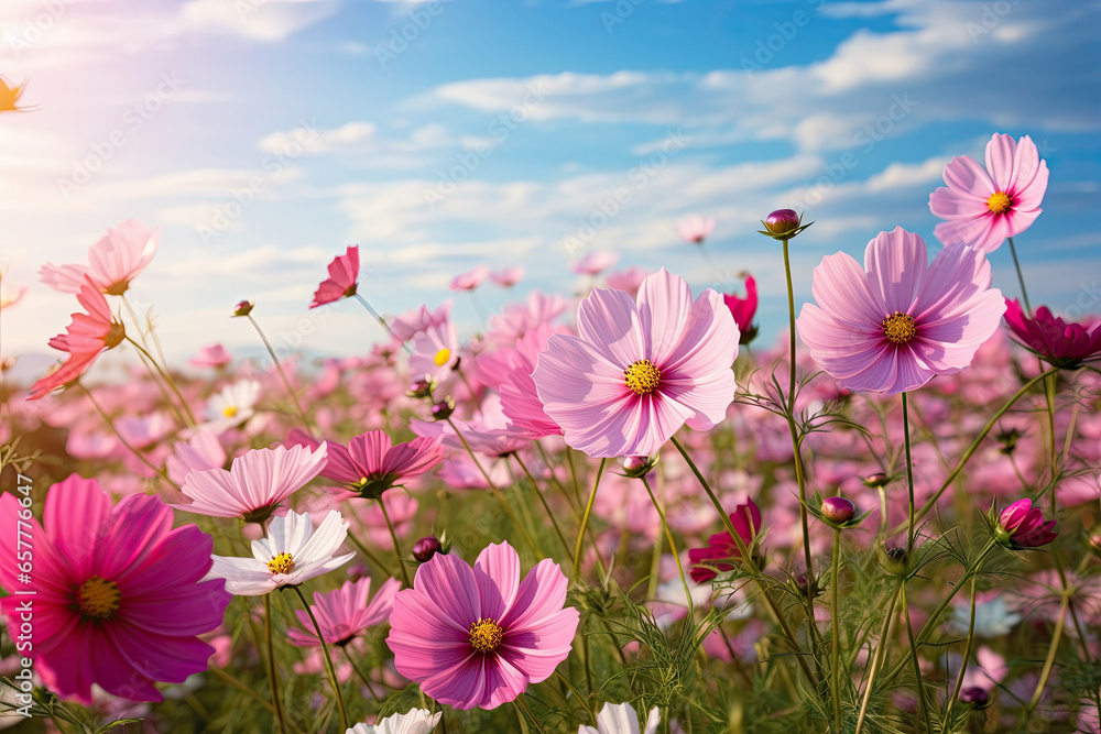 Landscape of beautiful scenery of flowers blooming on the meadow in spring season with sunlight and blue sky background. Horizontal panoramic view of nature grass field. Landscape of beautiful scenery of flowers blooming on the meadow in spring season with sunlight and blue sky background. Horizontal panoramic view of nature grass field.
