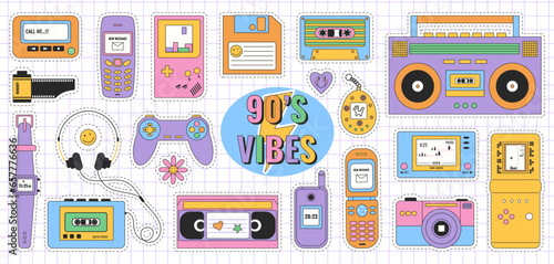 Nostalgia for the 90s. Y2k sticker. Collection of colorful cute stickers in 90s style. Vector illustration on a checkered background. Retro set of icons of 90s. 