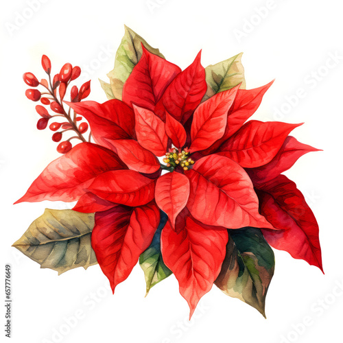 Watercolor illustration of beautiful poinsettia Christmas star bouquet on white background