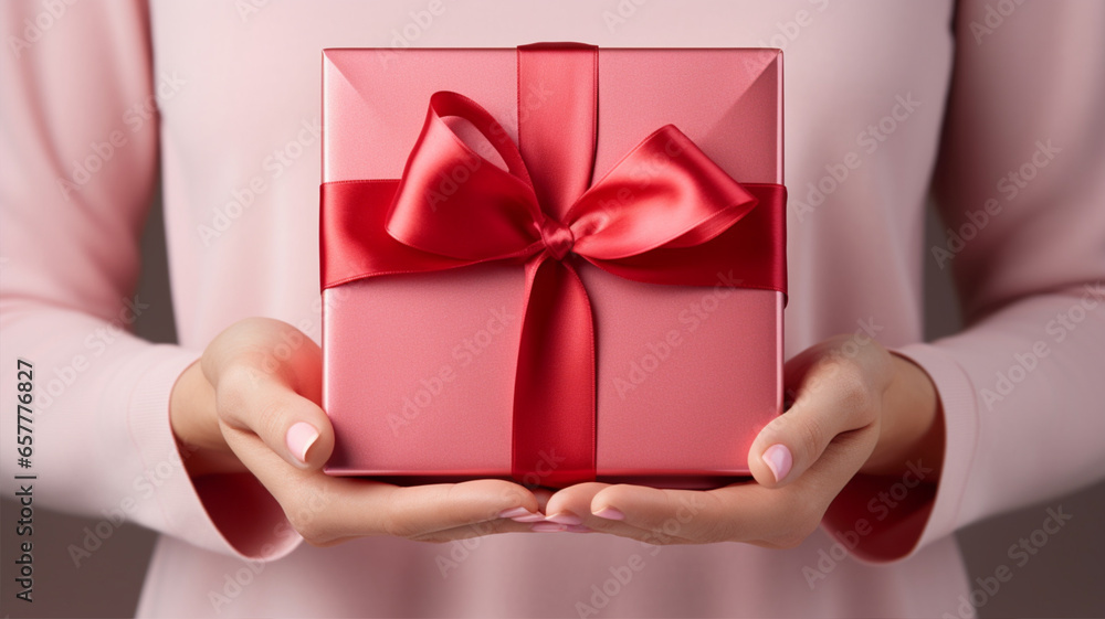 ピンクのプレゼントを渡す女性 Girl giving pink gift box ピンクのプレゼントを渡す女性 Girl giving pink gift box