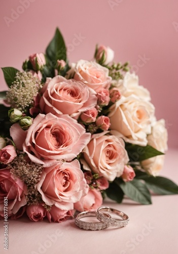 wedding rings and bouquet of pink roses on pink background