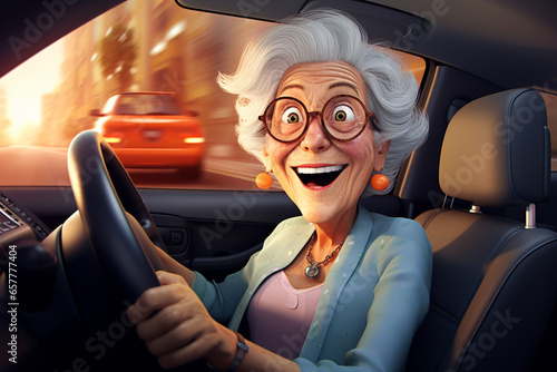 surprised elderly woman drives a car and smiles,the concept of active old age,cartoon illustration