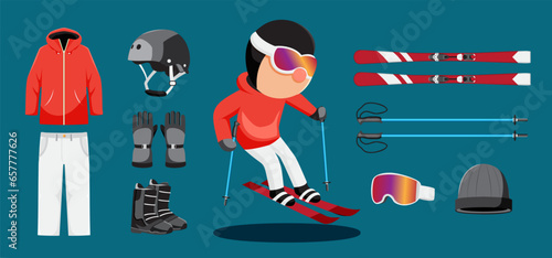 Skier athletics player cartoon and equipment set such as ski, pole, helmet, gloves, boots, goggle.