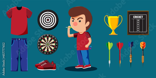 Dart athletics player cartoon and equipment set such as dart, archer, trophy, score, shoe.