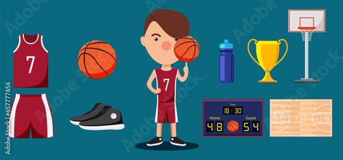 Athletes and basketball sport equipment with objects such as soccer, ball, uniforms, court, shoe, trophies, water bottles.
