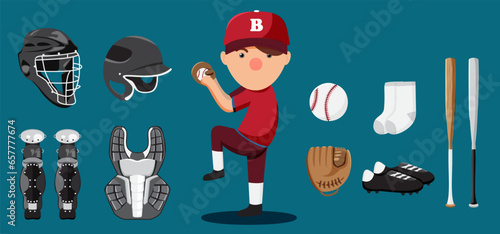 Baseball equipment set. Bat, ball, softball gloves, batting helmets, catcher gear and leg guards.