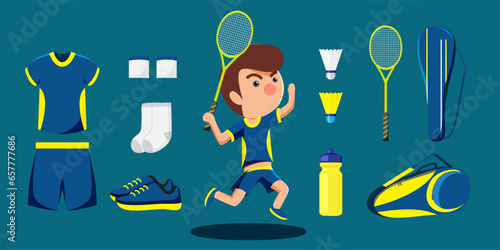 Badminton player cartoon and equipment set