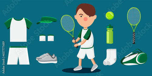 Tennis player cartoon and equipment set such as ball, uniform, cap, wristband, uniform, shoe.