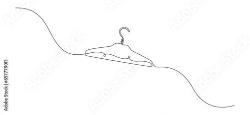 One continuous drawing of hanger sign. Concept symbol for dry cleaning and laundry service in simple linear style. Editable stroke for elegance web banner. Outline vector illustration
