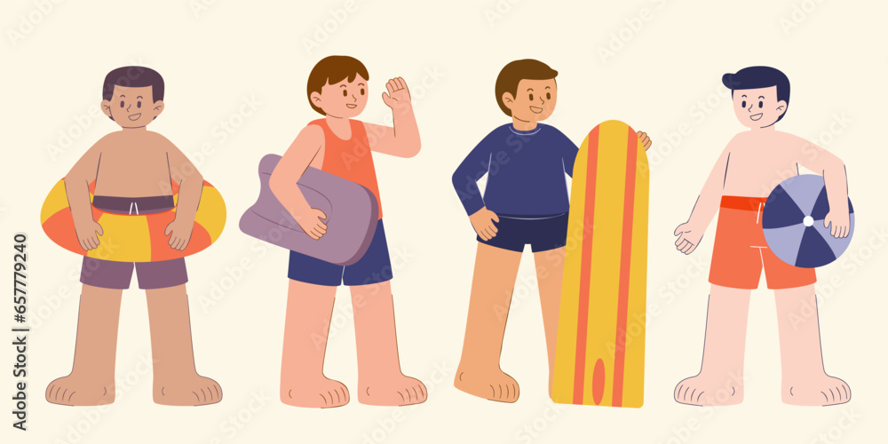 Group of young man in swimming suit with equipment cartoon style