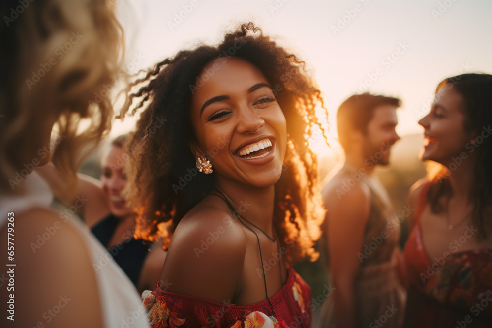 Obraz premium Smiling African American woman having fun at a music festival.