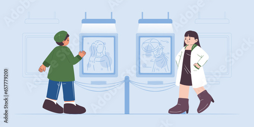 Young man and woman looking on Paintings in Art Galley