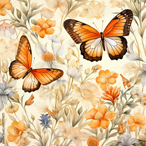watercolor seamless pattern with butterflies and flowers in the style of light orange and dark beige © Avalga