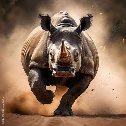 A Rhino charging with dirt and debris flying everywhere. Generative ai. 