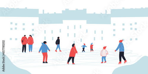 Happy people ride an ice rink during the winter season. Vector cartoon modern flat illustration. Man, woman and kids ice skating on indoor ice rink. Scandinavian design. Big horizontal banner.