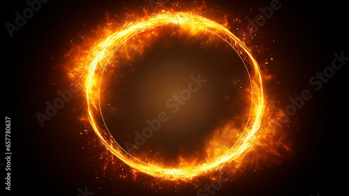 round frame with burning orange flame, abstract background