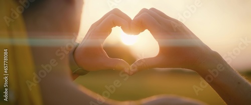 Woman hands showing heart symbol on sunrise golden sky in summer. Close up love  romantic  positive concept.