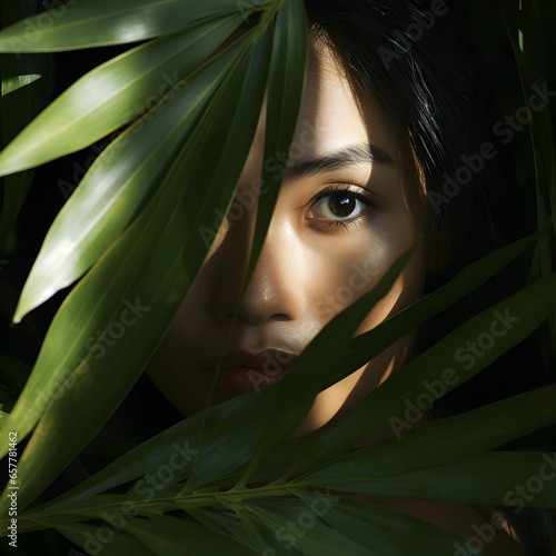 An Asian woman with a mysterious look on her face looking through leaves. Generative ai. 