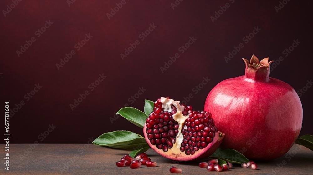 a healthy Pomegranate on pale red and dark red contrast, copy space a healthy Pomegranate on pale red and dark red contrast, copy space