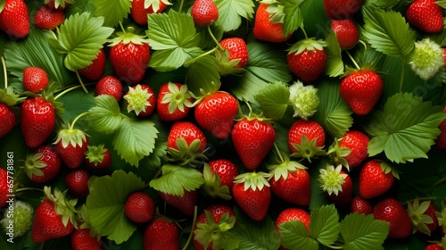 Bright red strawberries placed on a lush green background, evoking a natural and visually striking combination