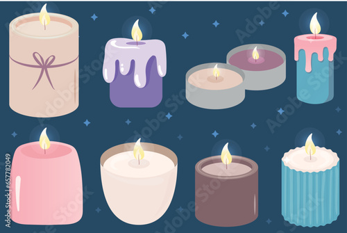 Candles set. Different shapes and sizes. Pillar, jar candle, square, container candle. Hand drawn trendy Vector illustration