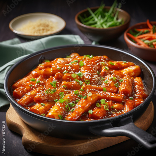  The glistening rice cakes coated in a rich, fiery sauce, capturing the essence of the bold and spicy flavors that define this beloved Korean dish." 