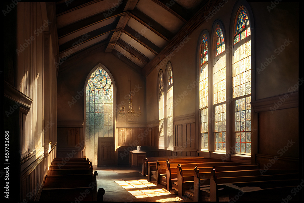Church interior. Daylight comes in through large stained glass windows.
