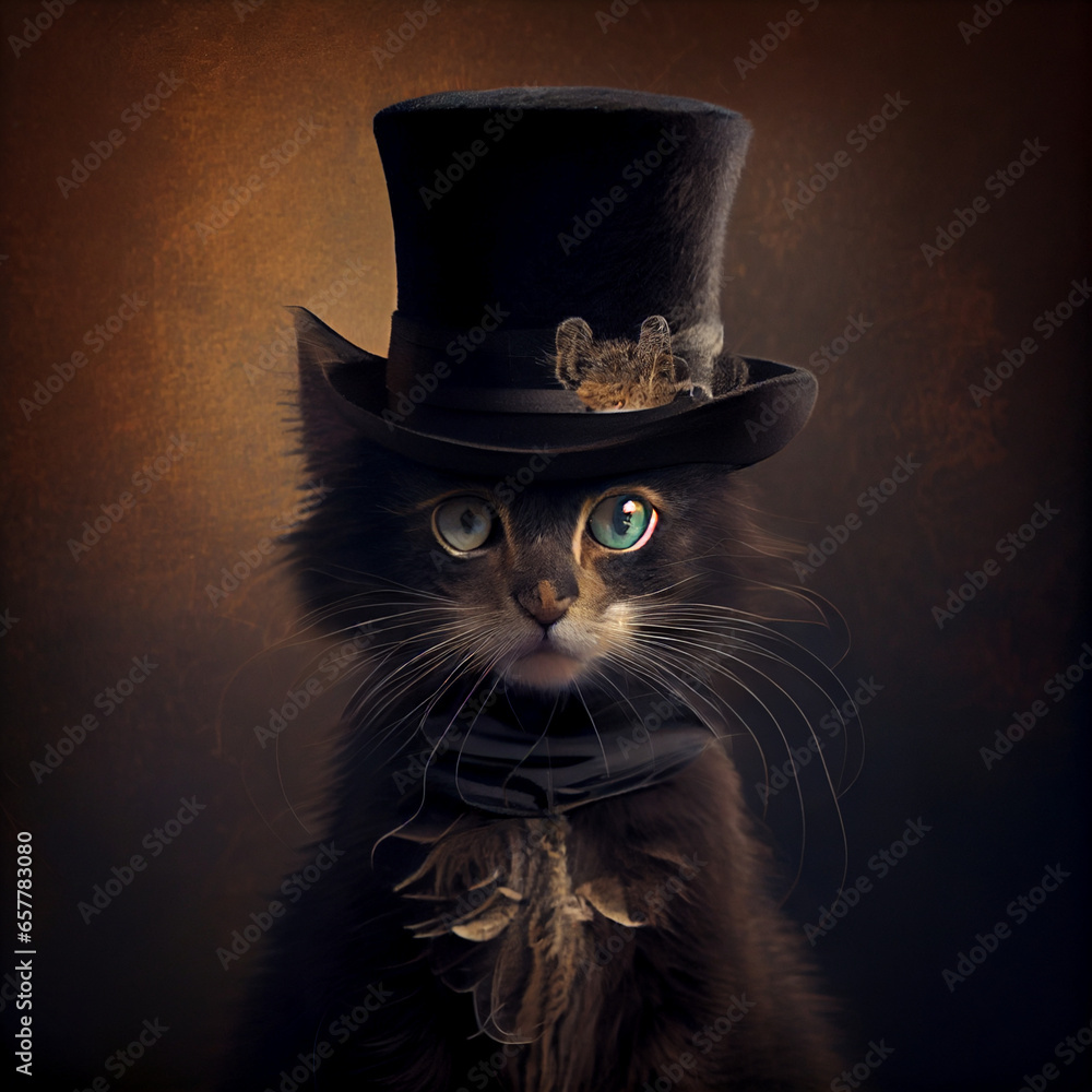 Cheerful illustration, the cat wears a top hat. AI generated.