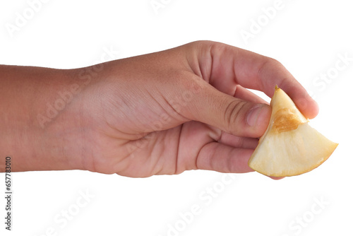 hand holding a slice of apple 