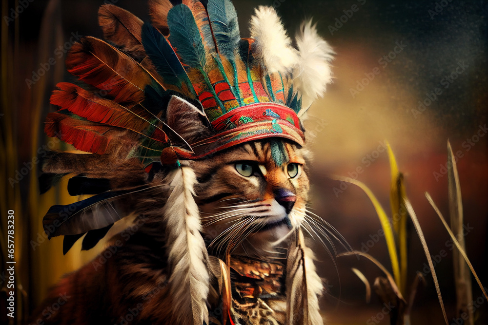 Portrait of an Indian cat. A cat in a warlike outfit made of colored feathers.