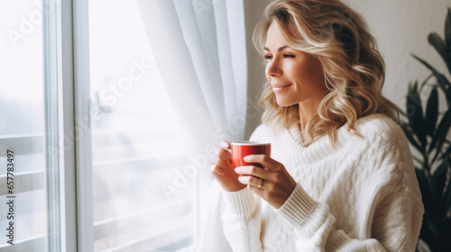 jeune femme blonde cheveux long en train de boire son café du matin dans son appartement photo