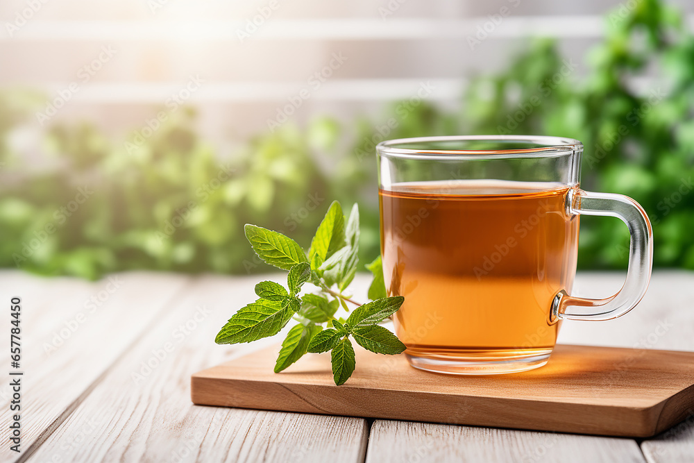 Mint tea in a glass cup on a wooden board on a light background