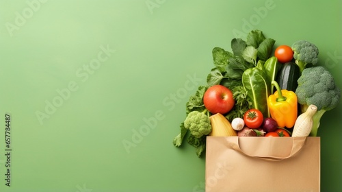 Healthy vegan vegetarian food in paper bag vegetables and fruits on green, copy space photo