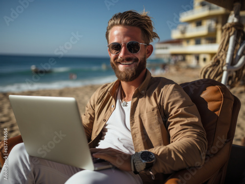 man on vacation on a beach with laptop © kalafoto