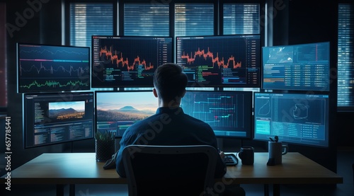 stock and forex trader concept. man in front of computer multiple screens. business process automation computer monitor from analytics data graph. photo