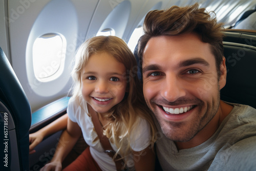 Family selfie in the airplane cabin. © serperm73