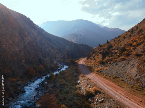 Mountain autumn landscape. dirt road with a stream and forest in toned colors...