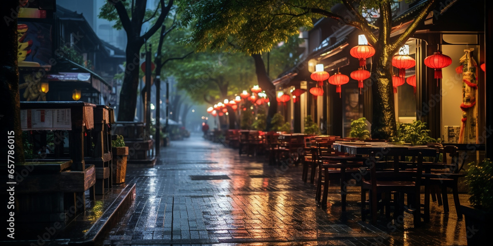 Street restaurant at rainy night.