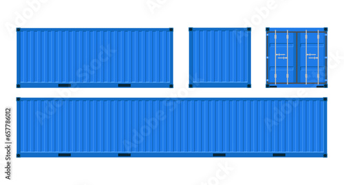 Set of blue shipping cargo containers for transportation. Vector illustration in flat style. Isolated on white background.	
