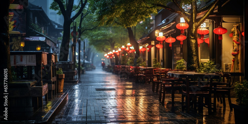 Street restaurant at rainy night. © serperm73