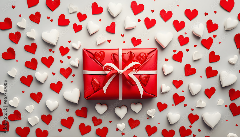 A romantic image for Valentine's Day featuring a beautifully wrapped gift, surrounded by white and red hearts A romantic image for Valentine's Day featuring a beautifully wrapped gift, surrounded by white and red hearts