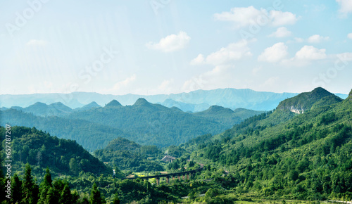 Green mountains covered with forest landscape in summer © xy